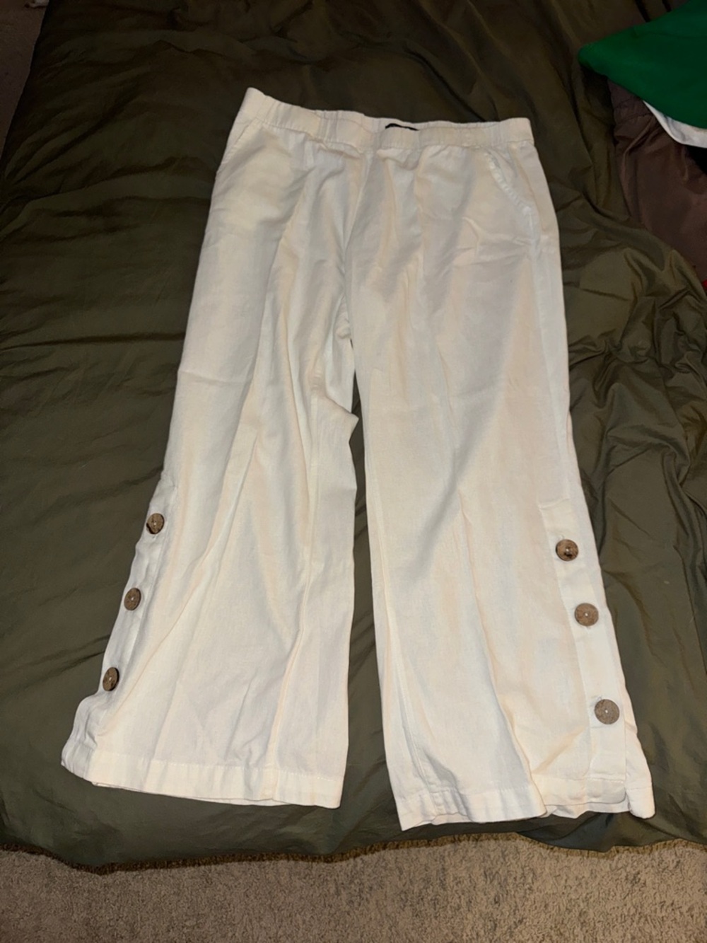 Chadwicks Neutral Linen Pants with Wooden Side Buttons